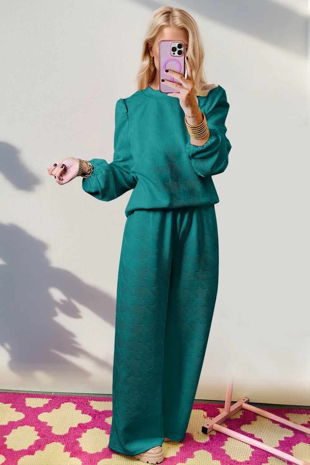 Double Take Texture Long Sleeve Top and Wide Leg Pants Set in Teal