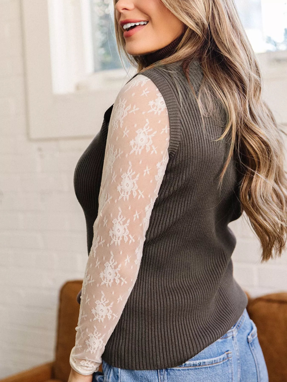 Ribbed Knit High Neck Sleeveless Waist Slim Fit Sweater Vest
