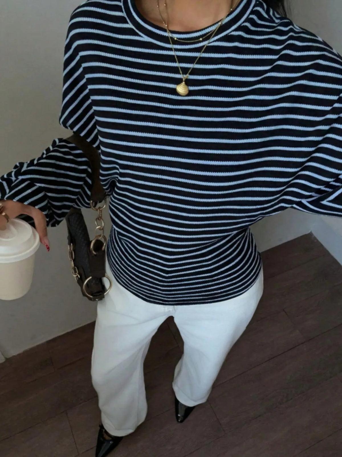 Casual Striped Long Sleeve Batwing T-Shirt in Blue