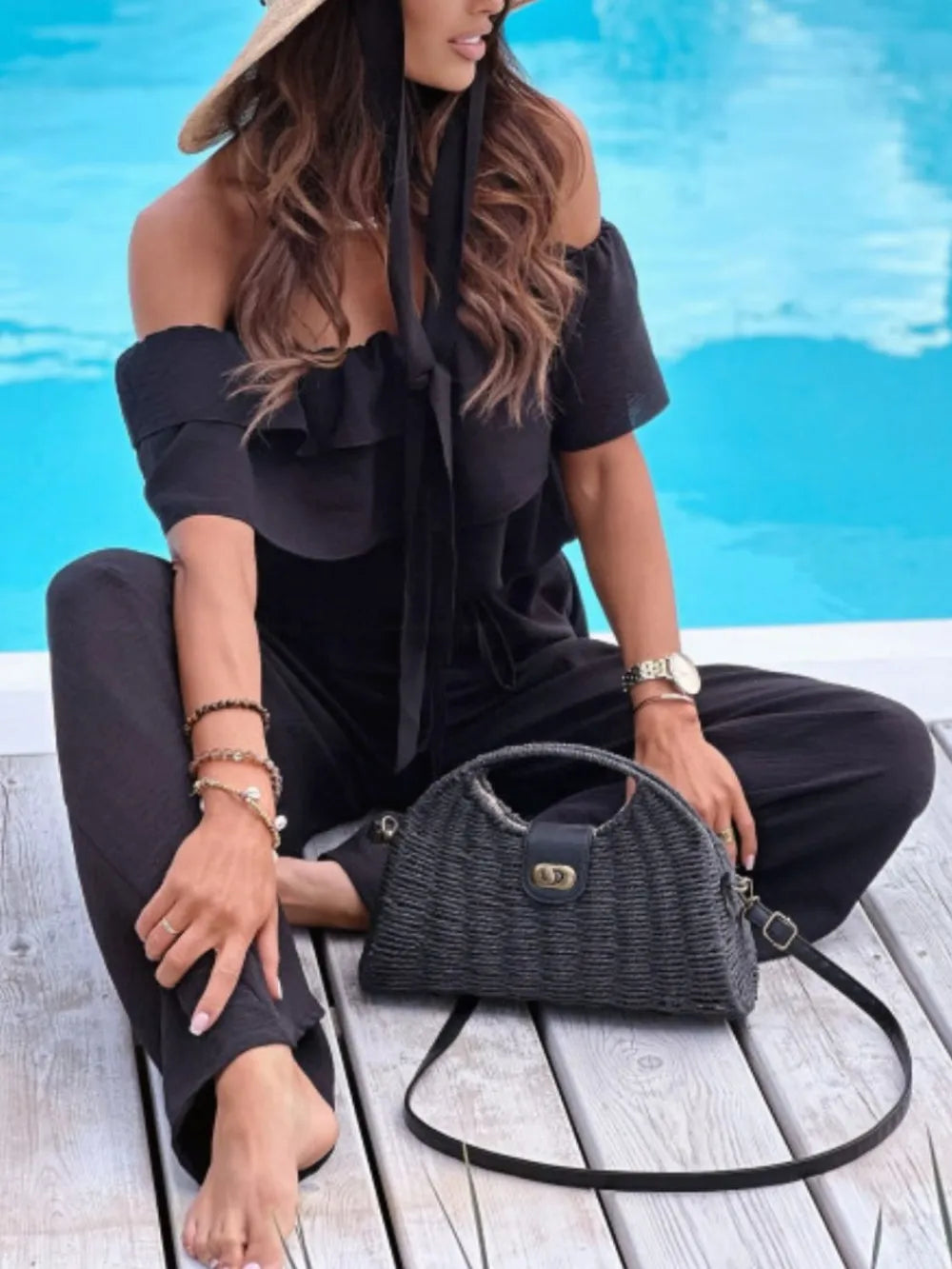 Ruffled Off  Shoulder Wide Leg Jumpsuit - Lilixa.store