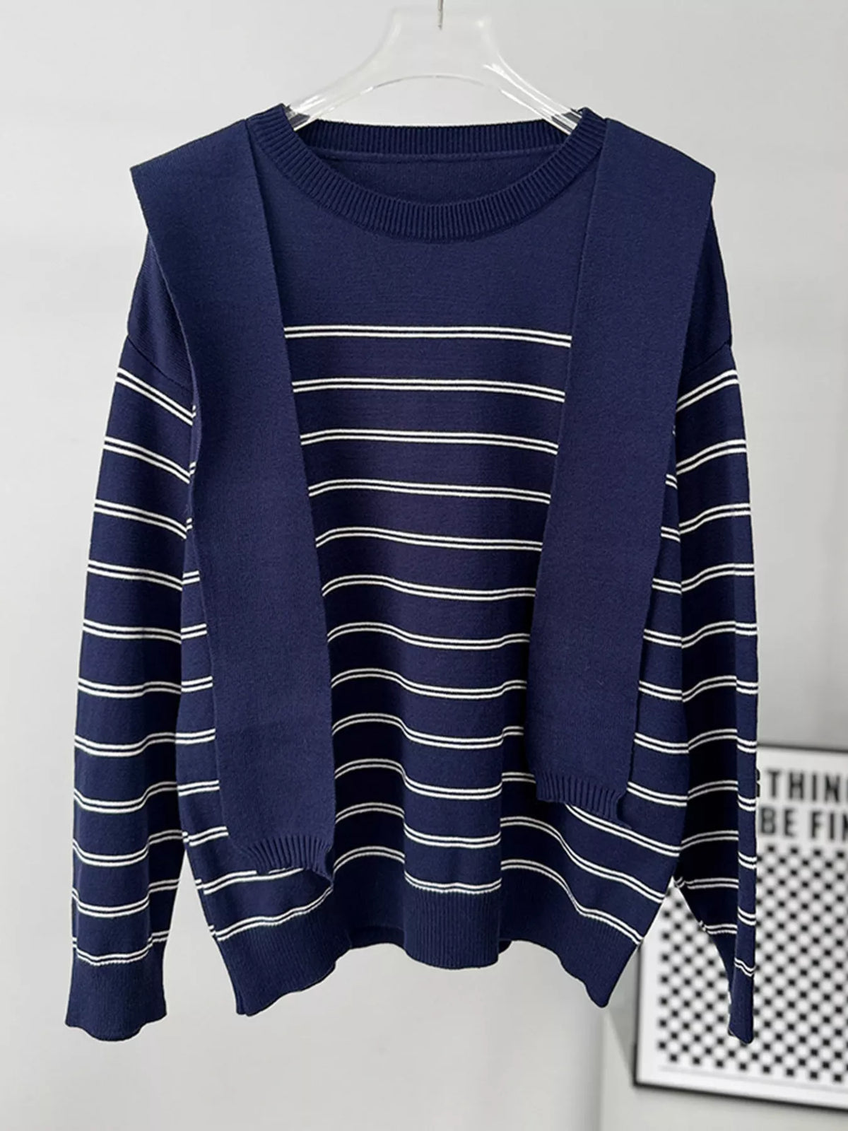 Classic Striped Crewneck Knit Top with Layered Sweater Detail, view 16