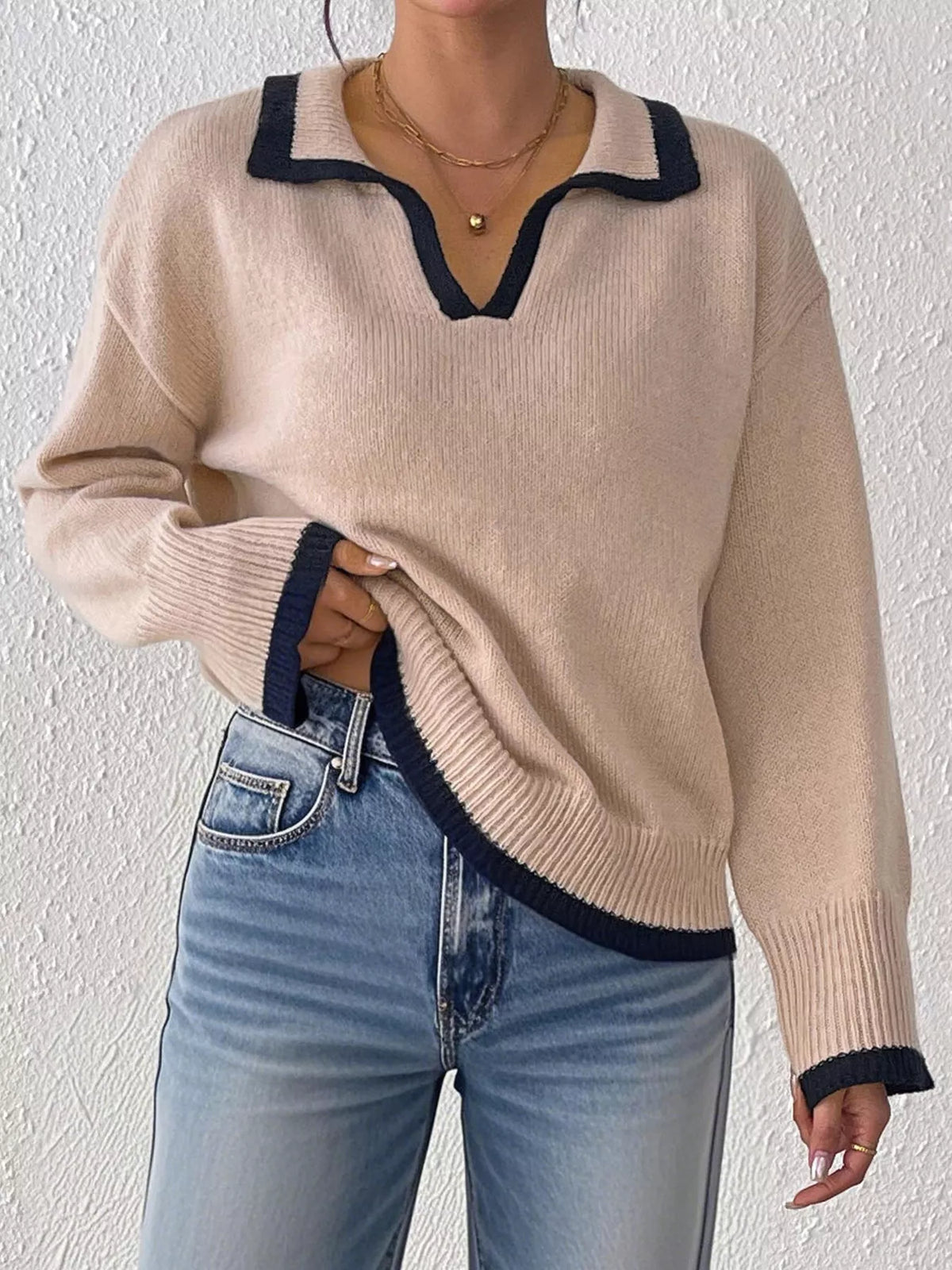 Contrast Trim Polo Collar Sweater - Lilixa.store