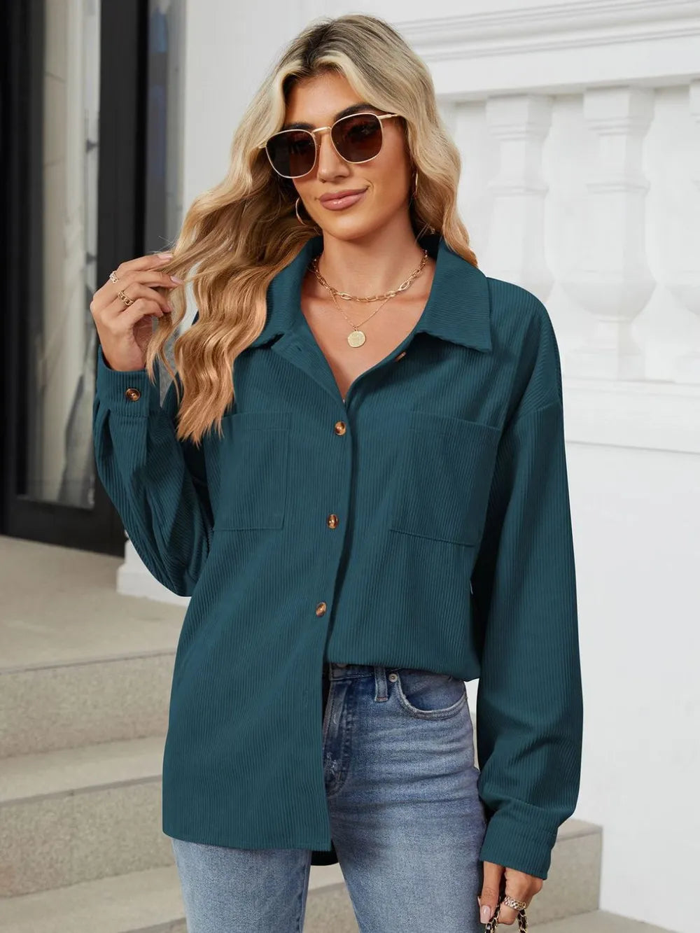 Button Up Dropped Shoulder Long Sleeve Outerwear - Lilixa.store