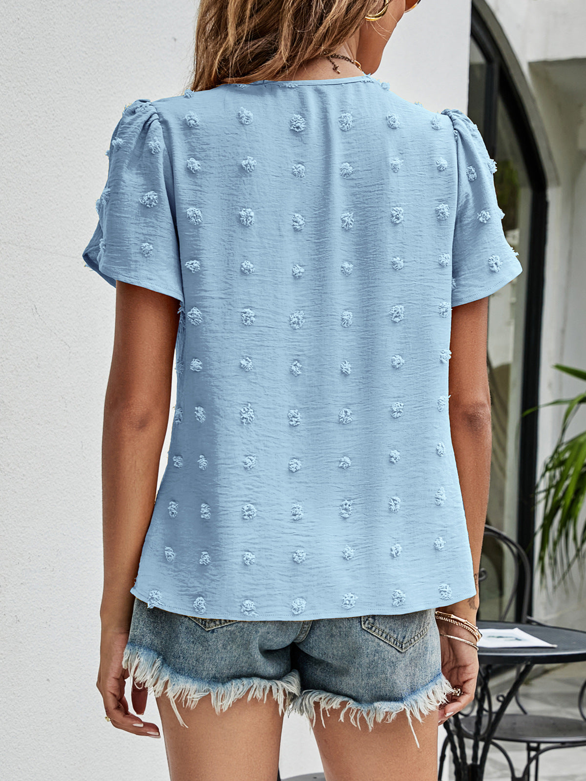 Swiss Dot Round Neck Petal Sleeve Top, view 6