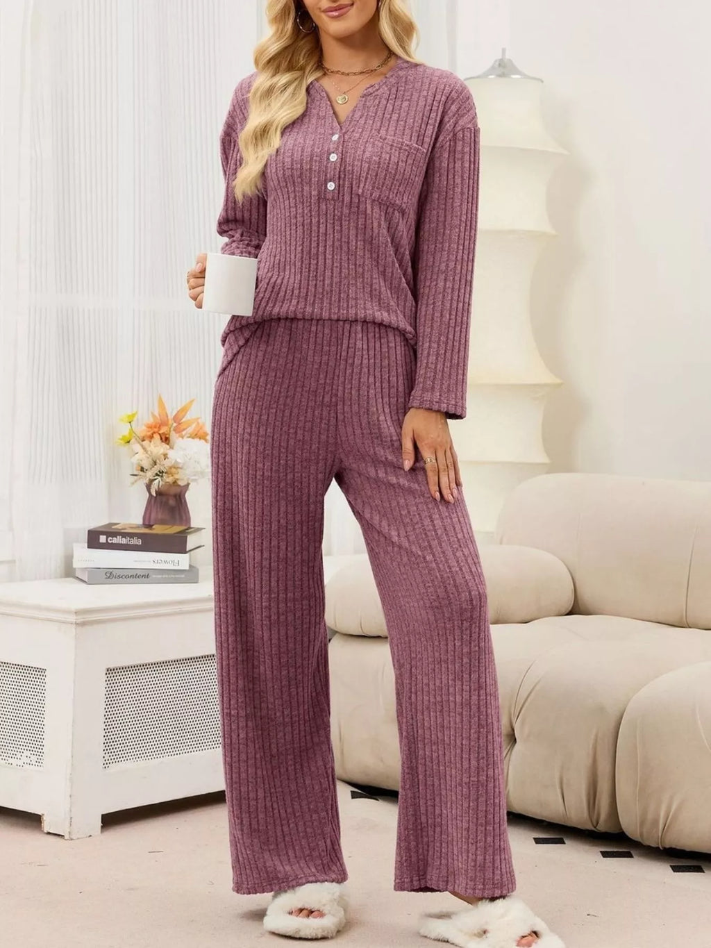 Ribbed Knit Top and Wide-Leg Pants Set - Lilixa.store