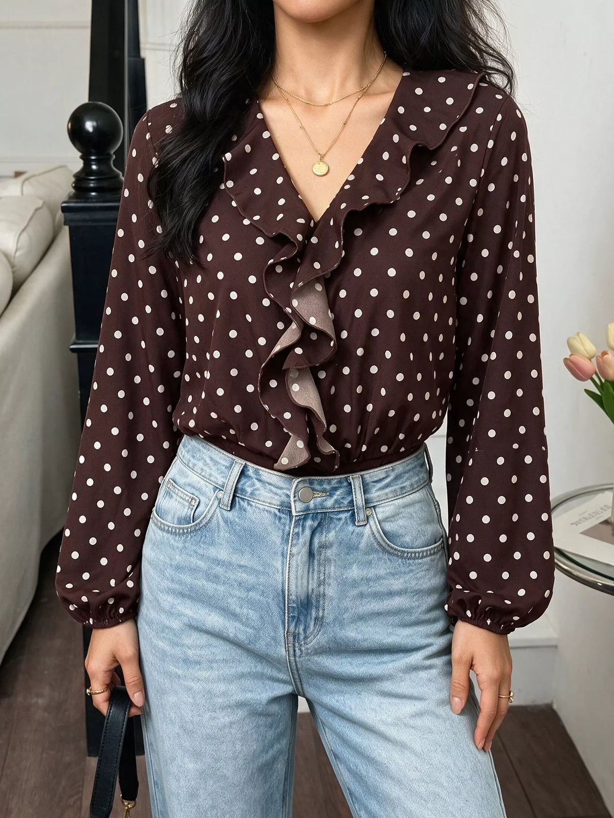 Polka Dot Ruffled V-Neck Bodysuit - Lilixa.store
