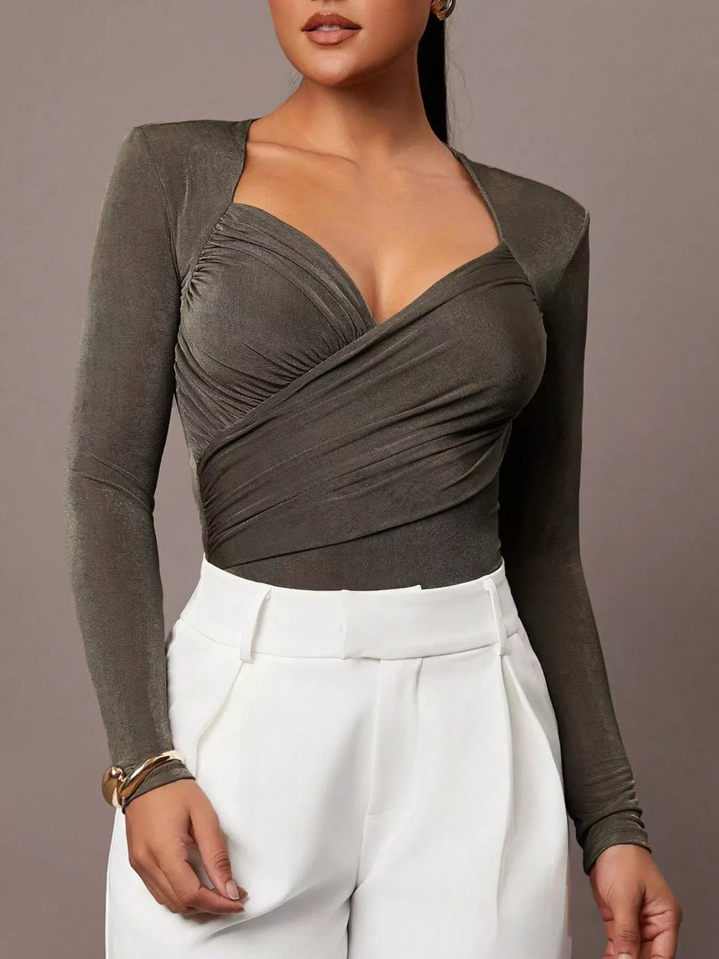 Ruched Surplice Long Sleeve Bodysuit - Lilixa.store