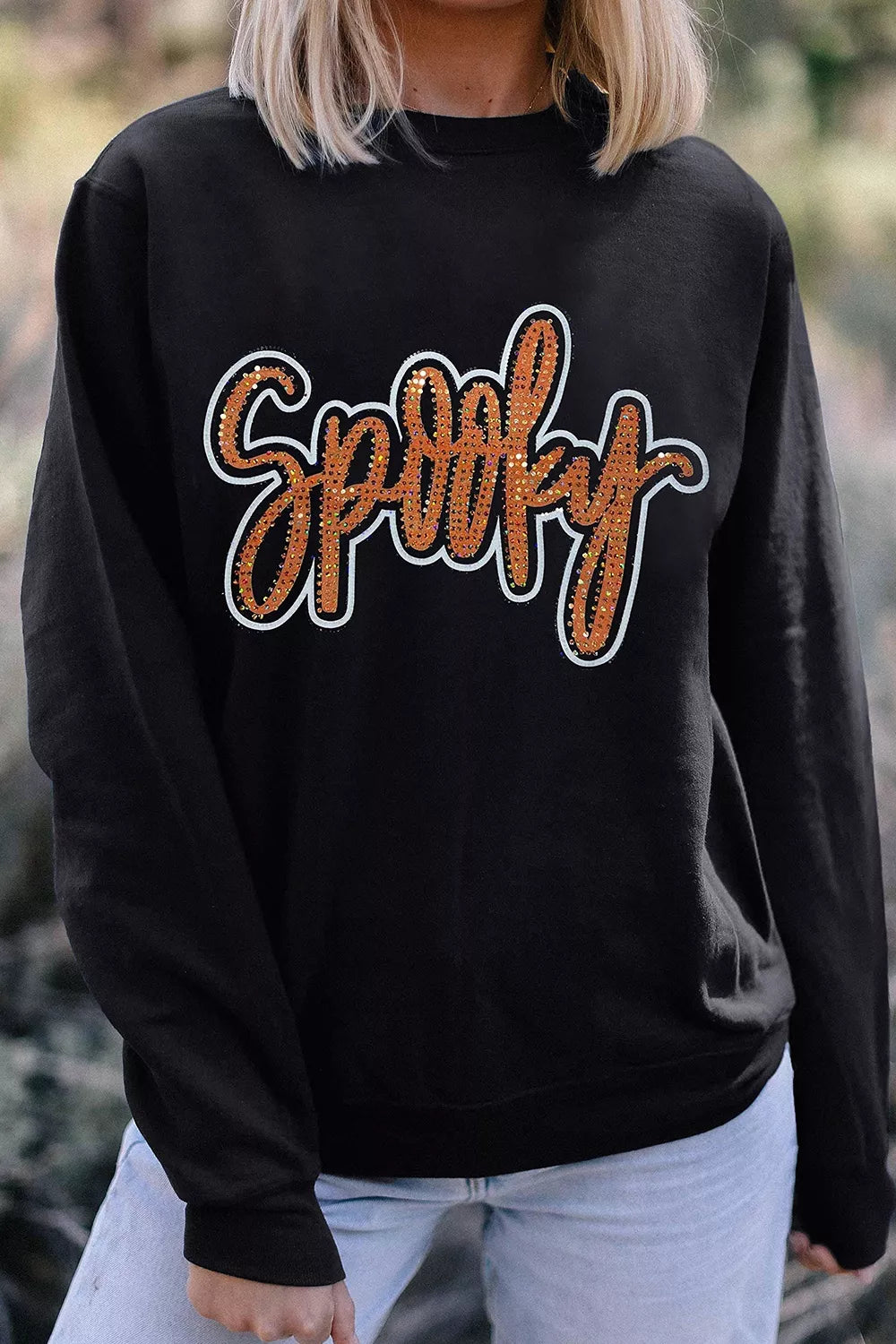 Spooky Rhinestone Drop Shoulder Sweatshirt - Lilixa.store