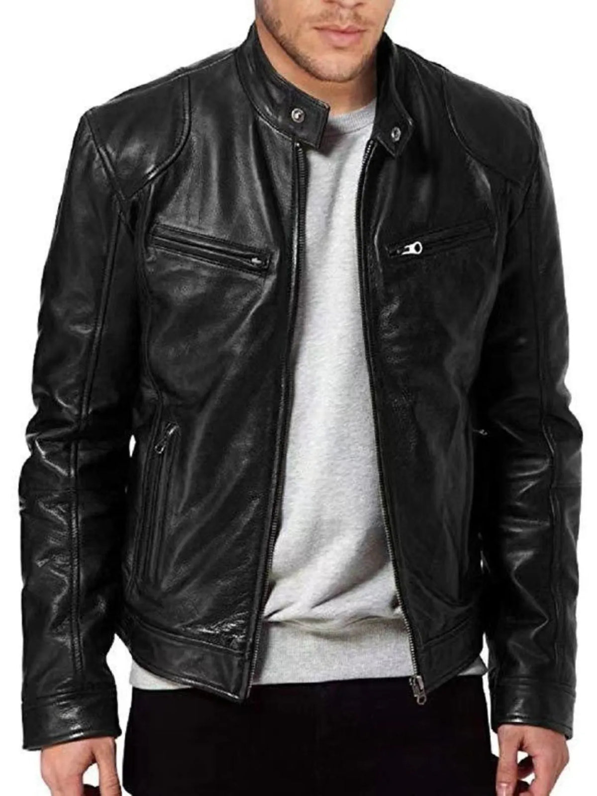 Men's Full Size Leather Biker Jacket with Zipper Pockets Plus Size - Lilixa.store