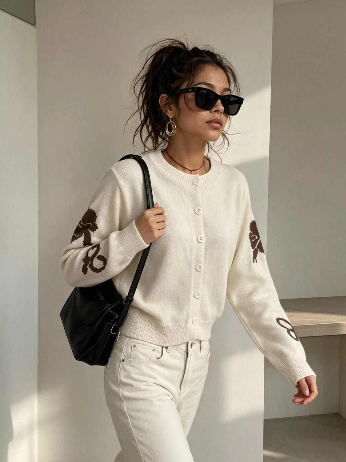 Floral Crew Neck Cropped Knit Cardigan, view 23