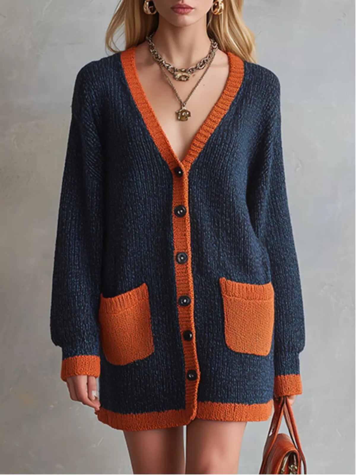 Color-Block V-Neck Button-Down Knit Cardigan - Lilixa.store