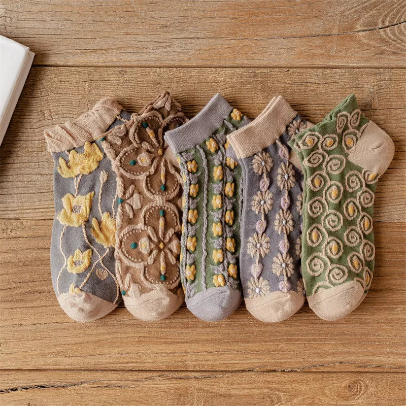 5 Pair Vintage Textured Ankle Socks Set
