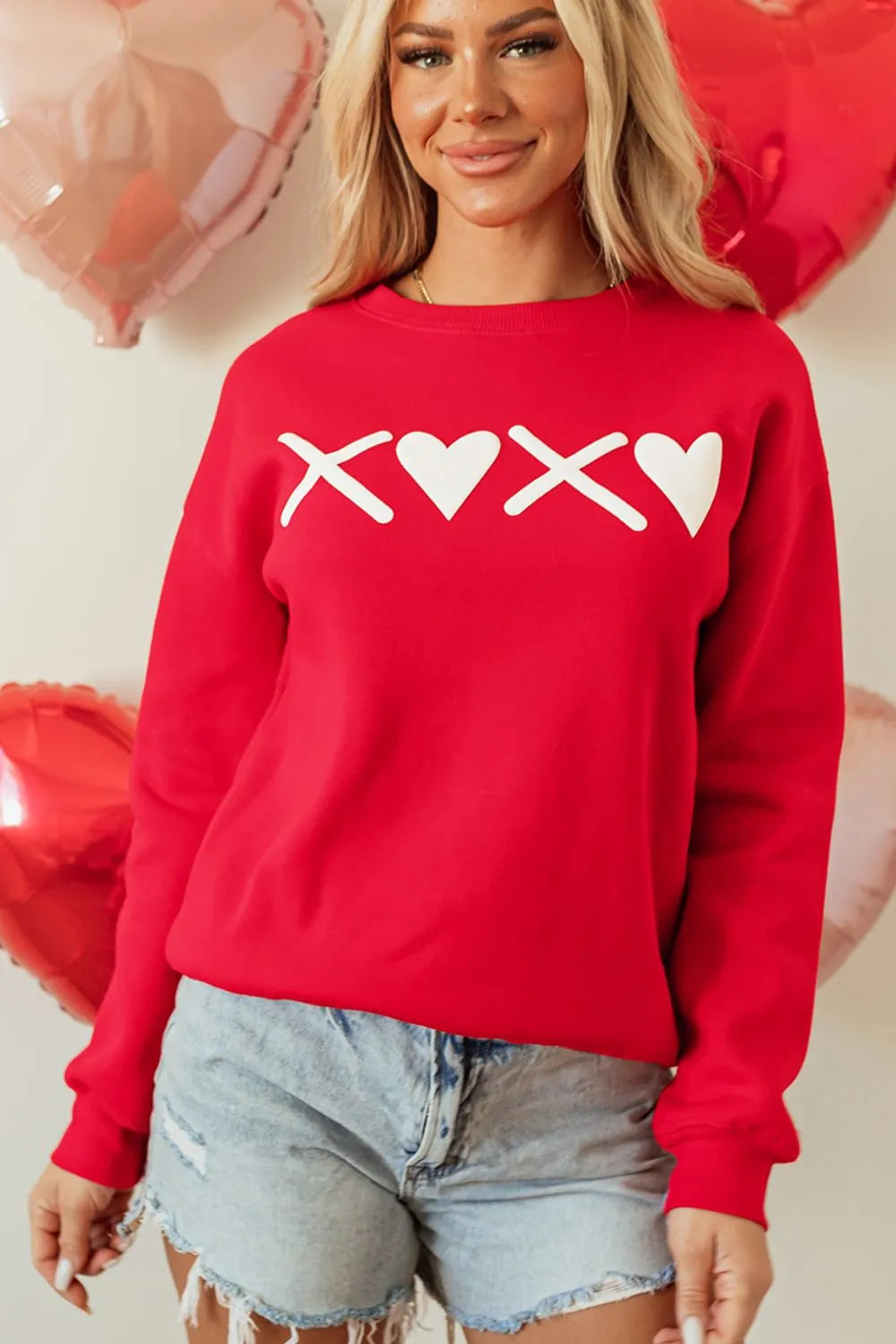 Valentine’s Day XOXO Round Neck Drop Shoulder Sweatshirt - Lilixa.store