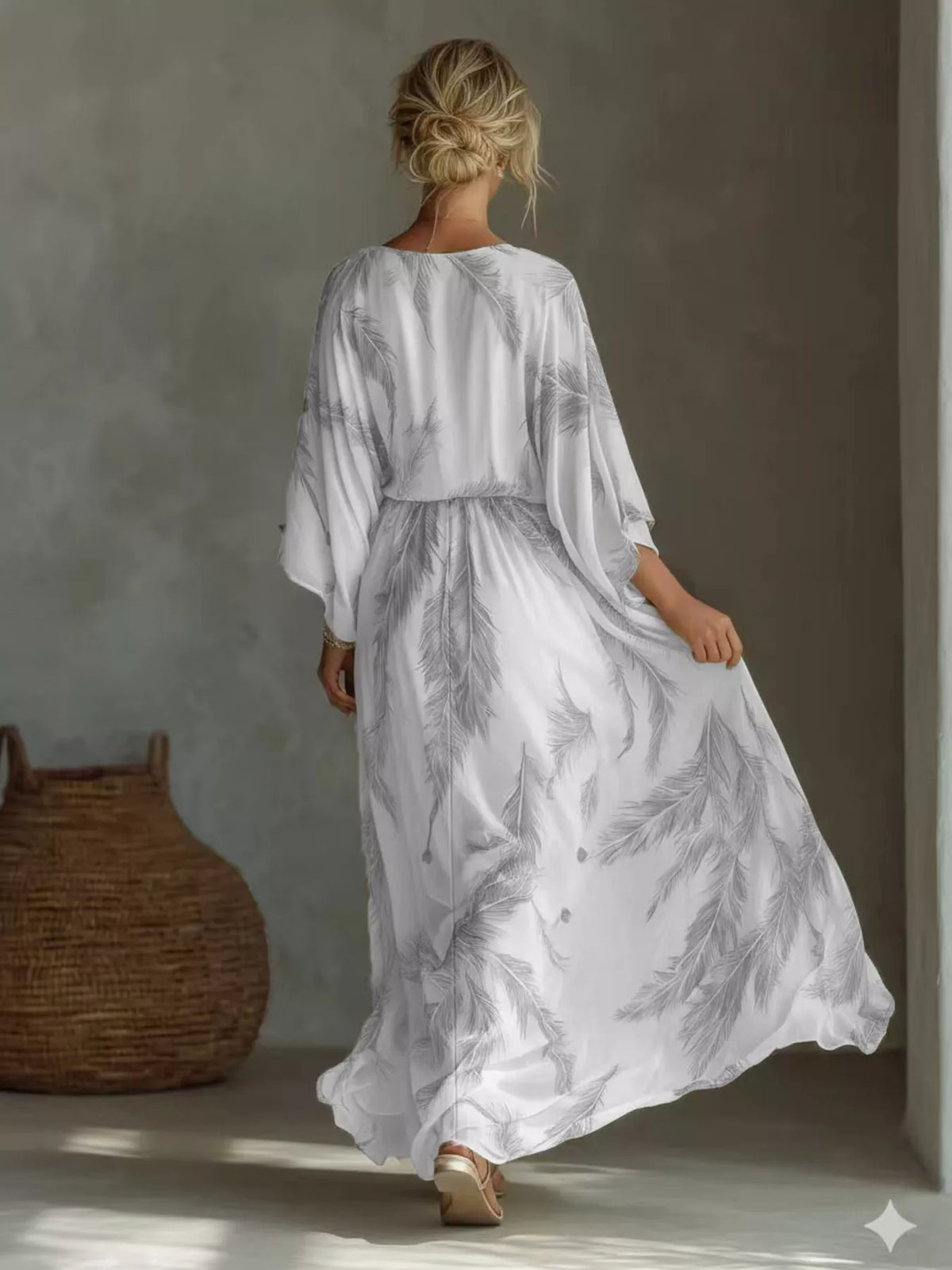 Full Size Feather Print V-Neck Flowy Maxi Dress Plus Size - Lilixa.store