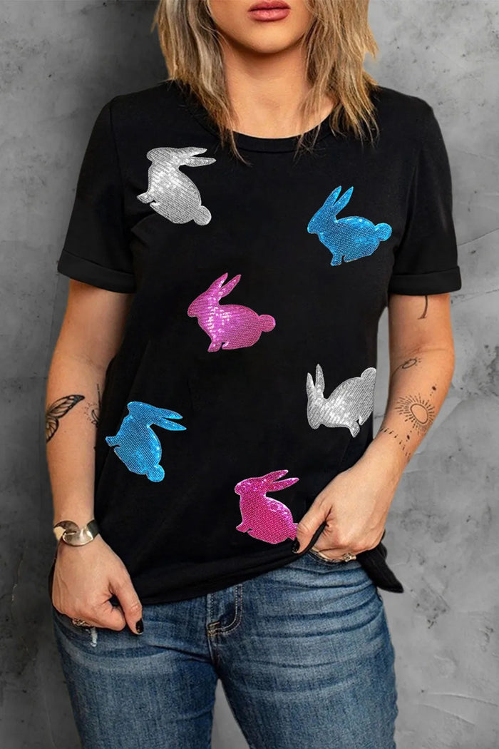 Easter Bunny Round Neck T-Shirt in Black