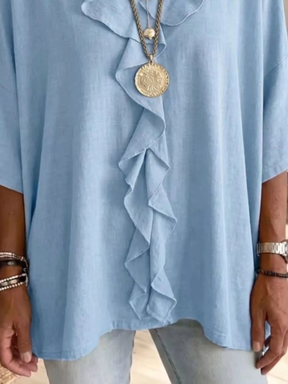 Full Size Ruffled V-Neck 3/4 Sleeve Blouse Plus Size, view 6