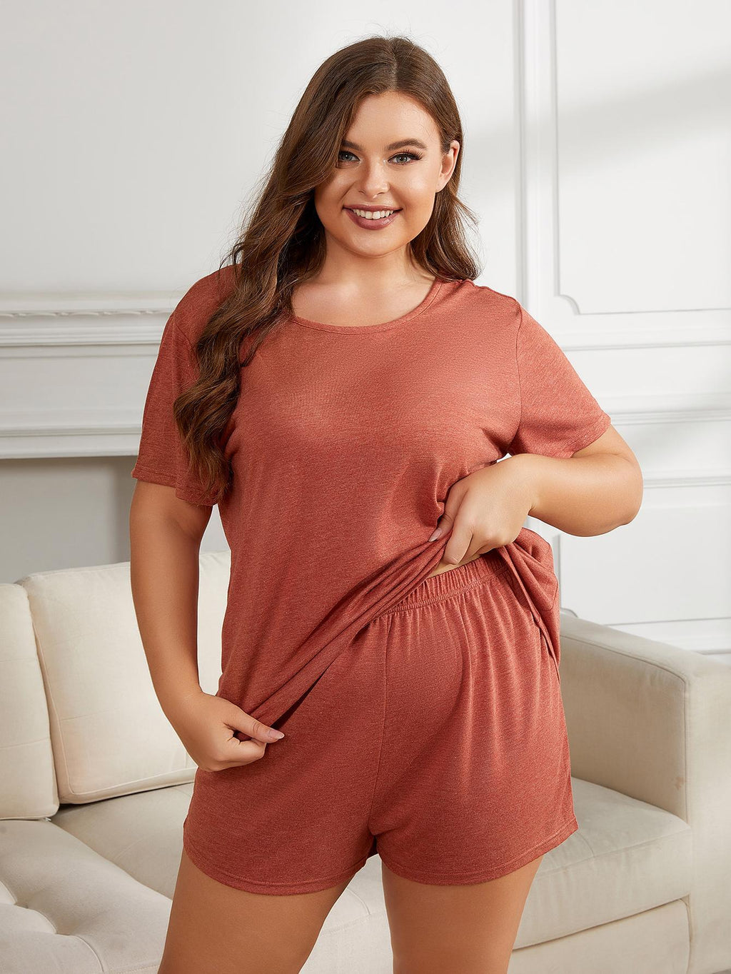 Plus Size Round Neck Short Sleeve Two-Piece Loungewear Set - Lilixa.store