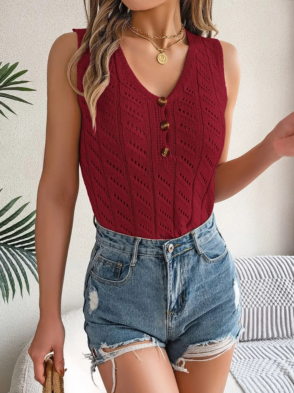 Openwork V-Neck Knit Vest, view 9