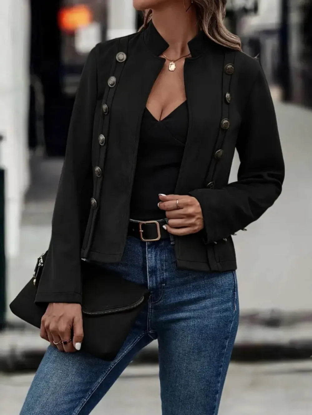 Decorative Button Open Front Long Sleeve Jacket, view 7