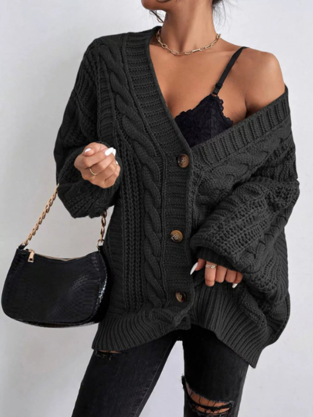 Cable Knit V-Neck Button-Down Cardigan - Lilixa.store
