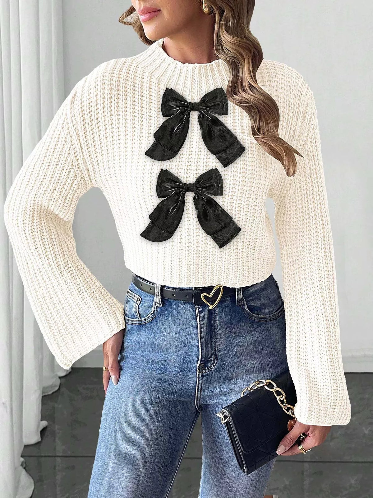 Bow-Decorated Mock Neck Cropped Sweater - Lilixa.store