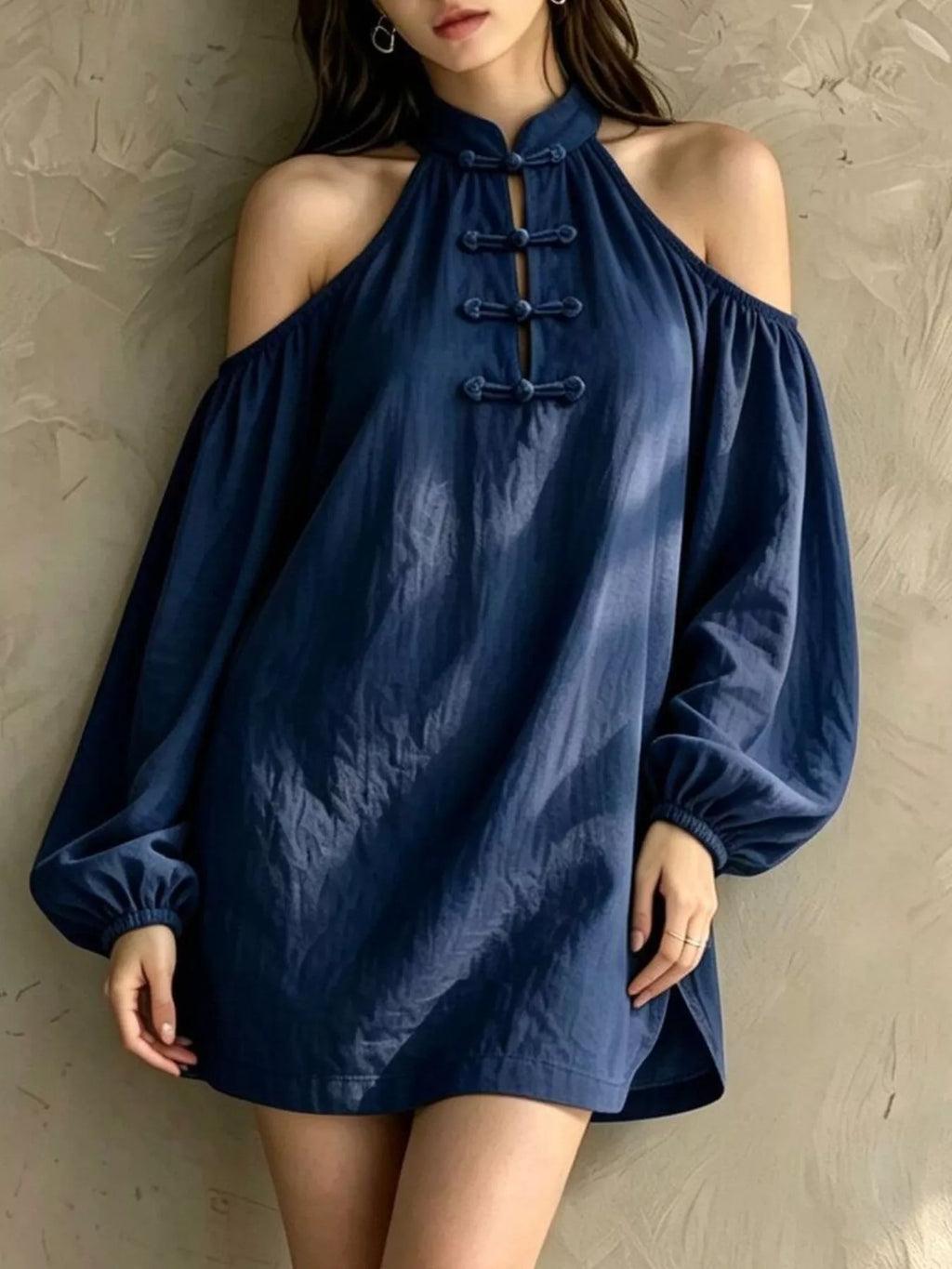 Cold-Shoulder Balloon Sleeve Mini Dress - Lilixa.store