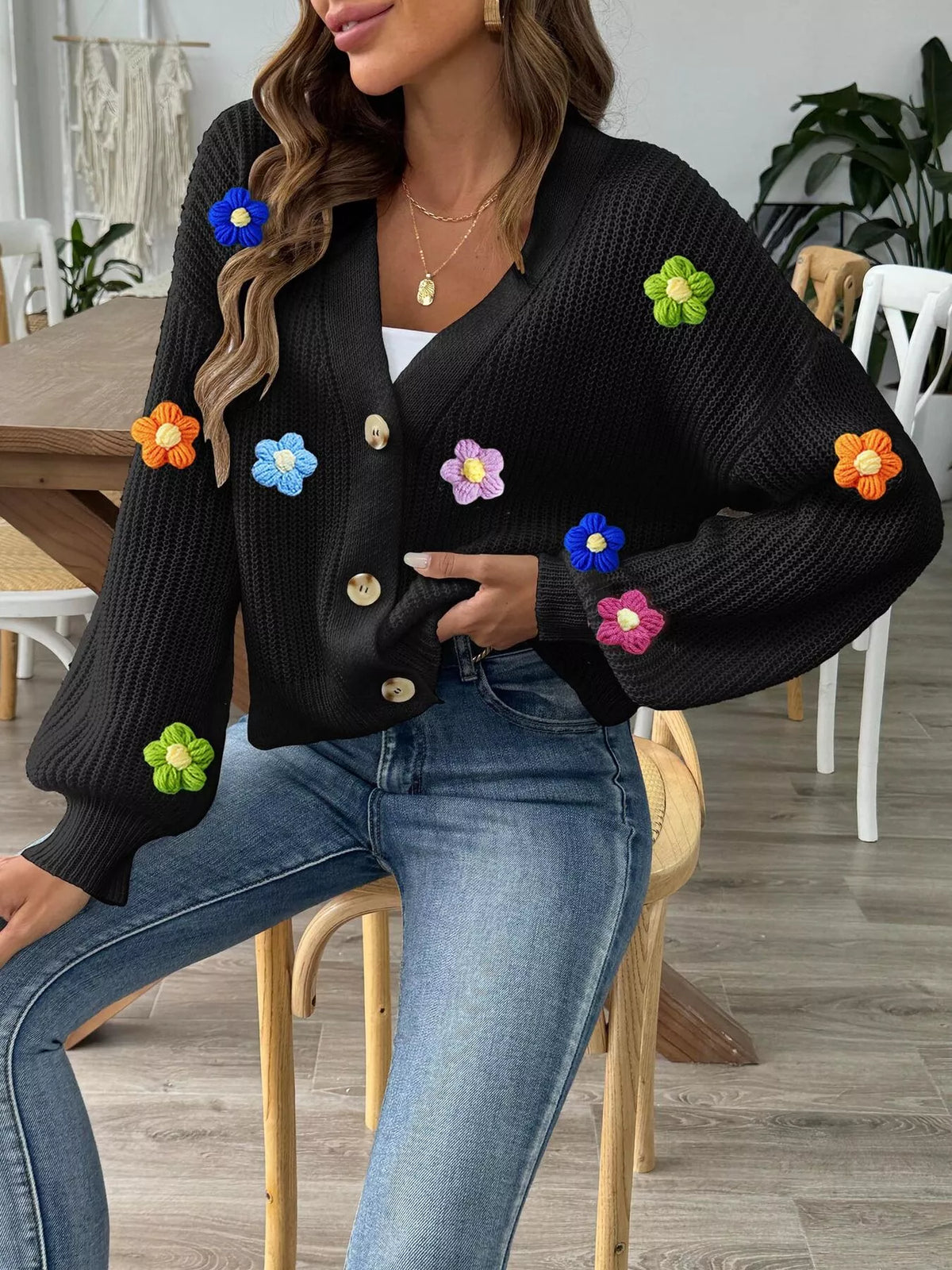 3D Floral Appliques Button Up Cardigan - Lilixa.store
