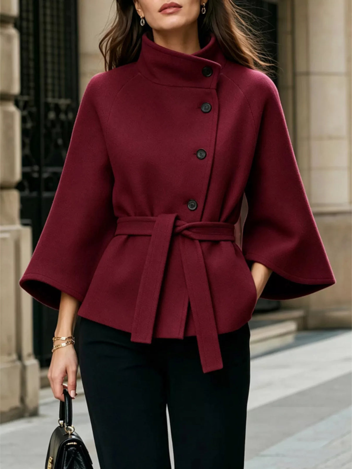 Button Down Cape Coat with Belted Waist in Burgundy