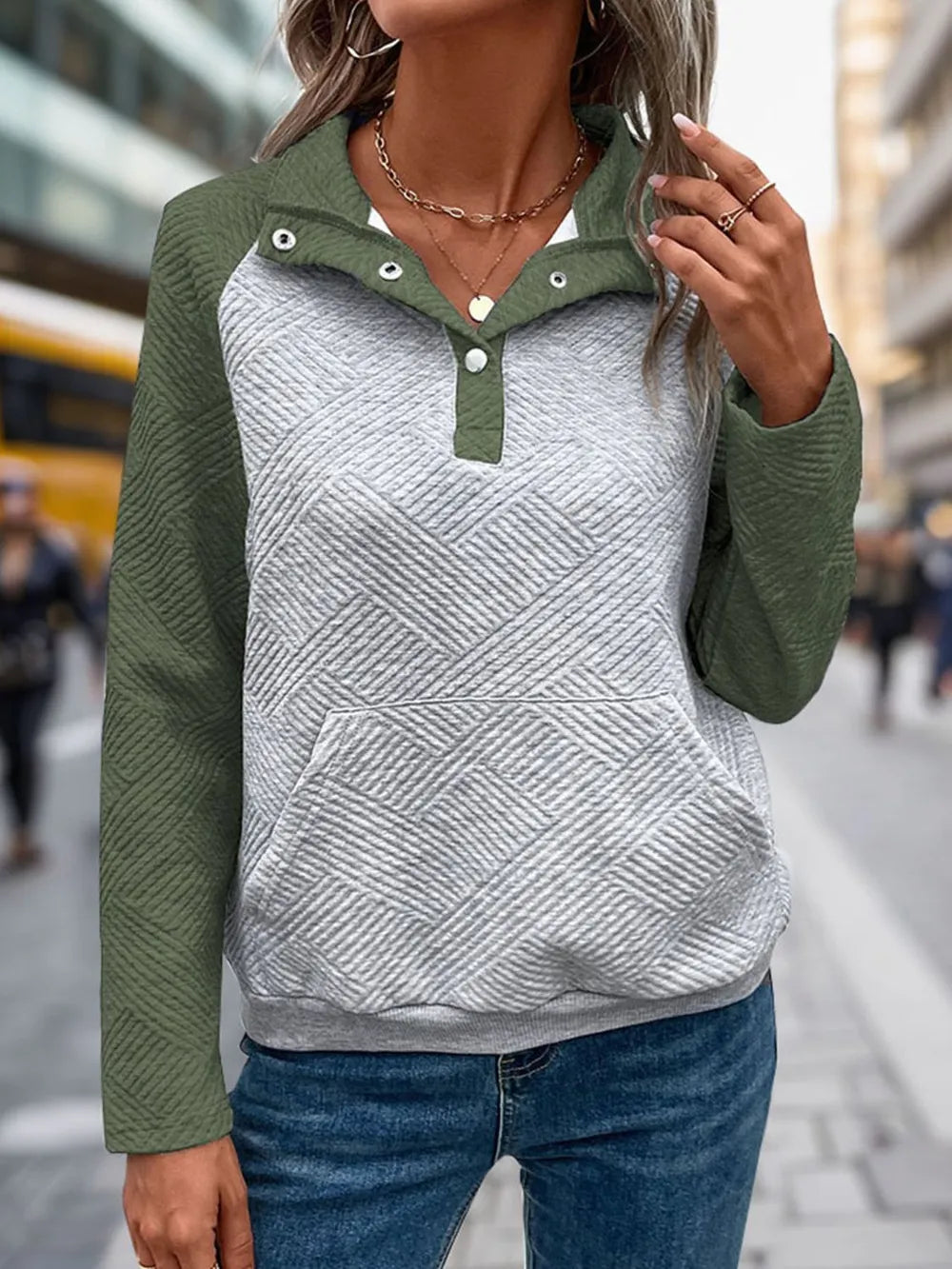 Perfee Contrast Textured Long Sleeve Sweatshirt - Lilixa.store