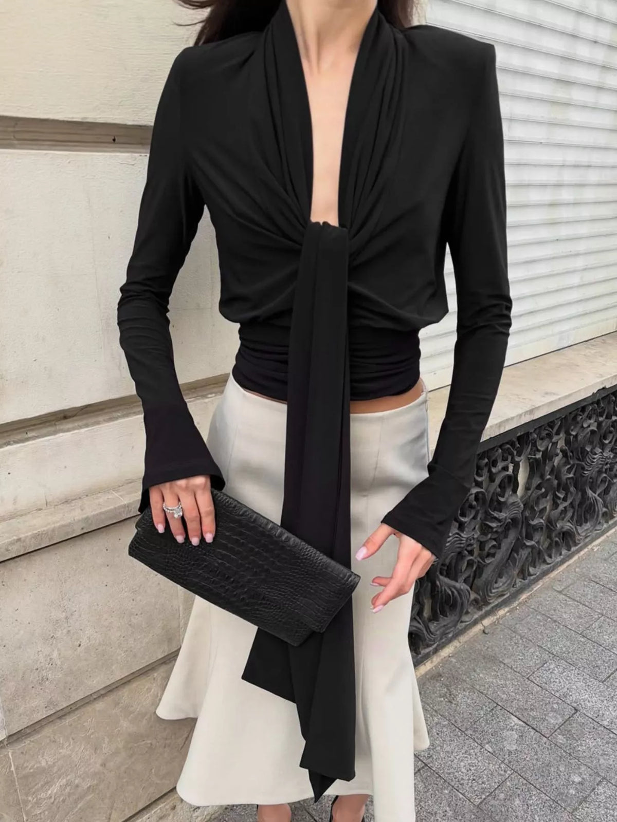 Front Tie Detail Flare Sleeve Blouse in Black, view 4