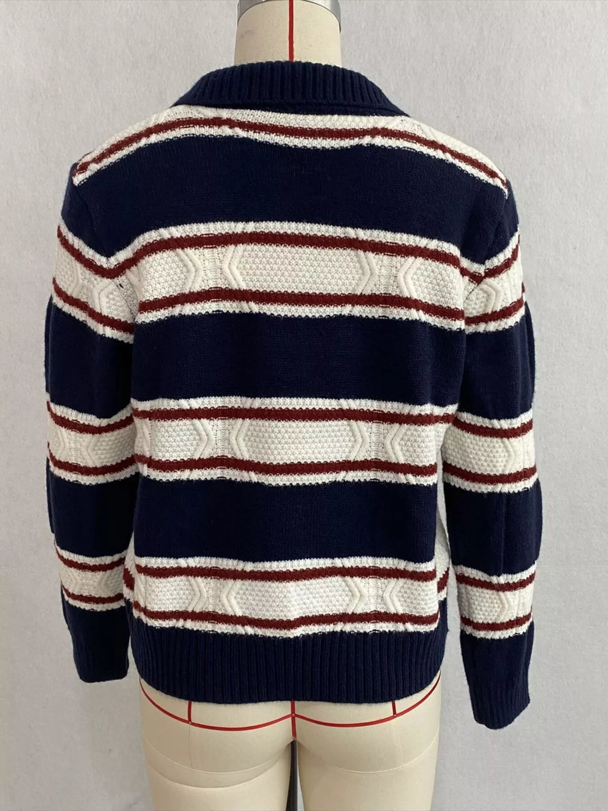Vintage-Inspired Striped Knit Cardigan with Polo Collar, view 5