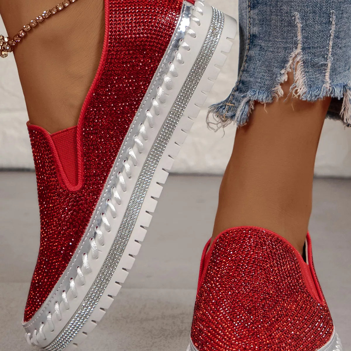 Rhinestone Round Toe Platform Loafers in Red