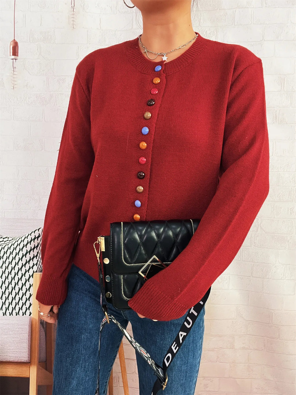 Button-Front Cardigan with Colorful Detail Buttons - Lilixa.store