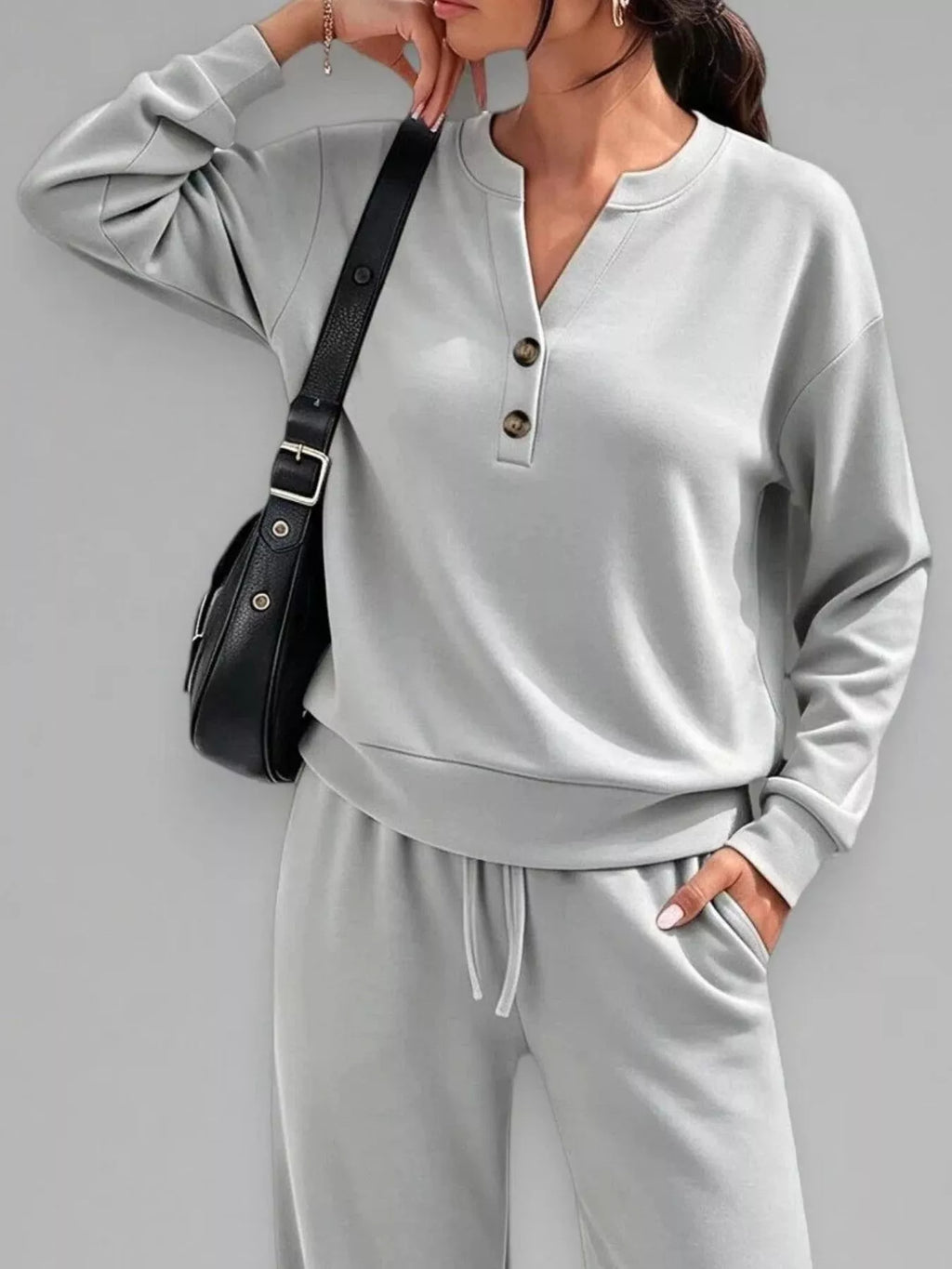 Button Detail Dropped Shoulder Top and Pants Set - Lilixa.store