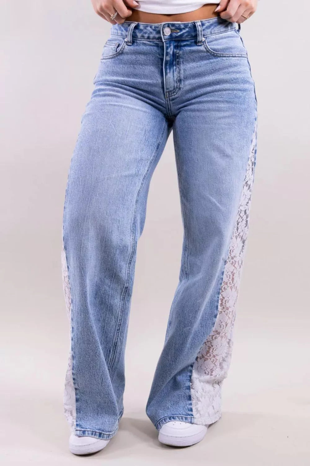 Lace-Paneled Wide-Leg Jeans - Lilixa.store