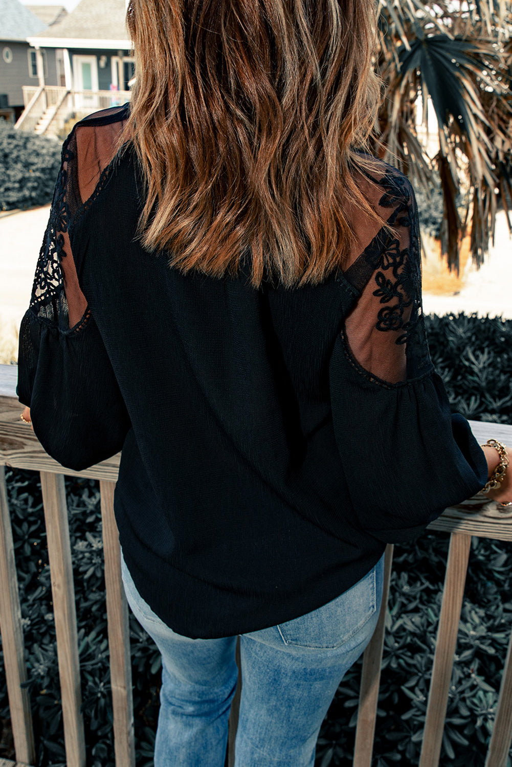 Embroidered Tie-Neck Puff Sleeve Blouse, view 2