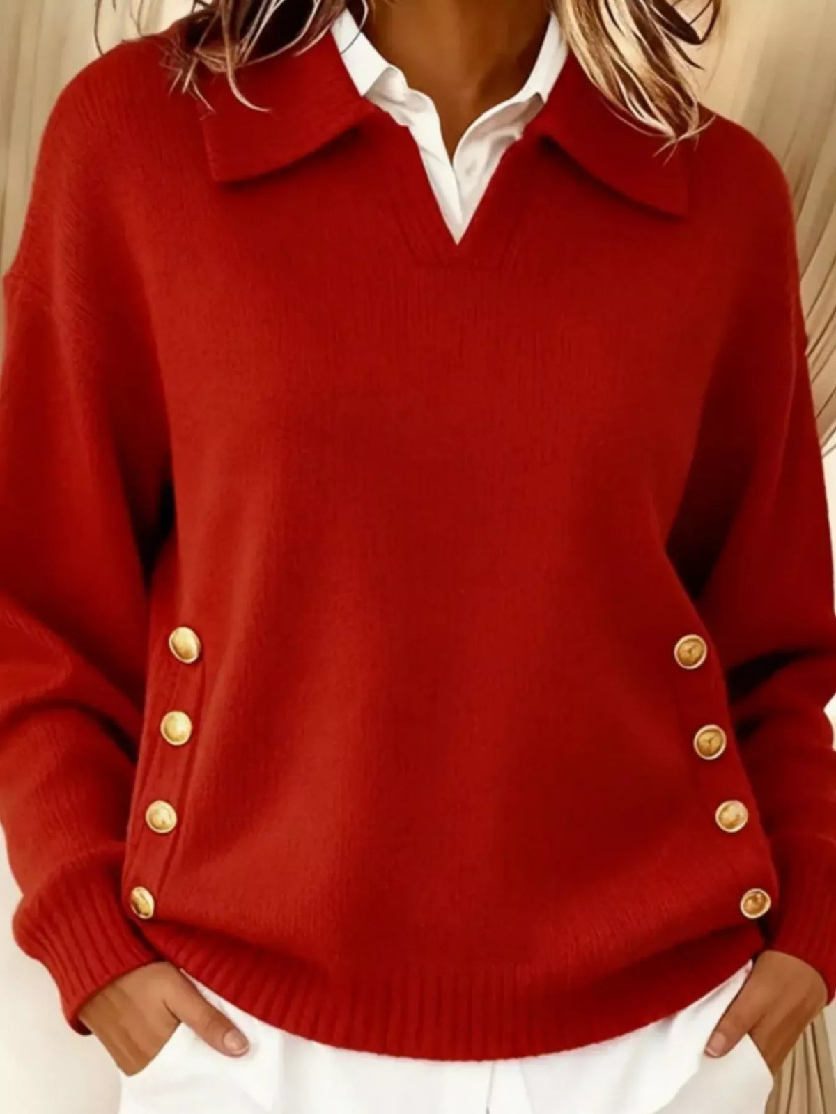 Full Size Decorative Button Dropped Shoulder Sweater Plus Size