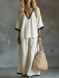 Full Size Contrast Trim V-Neck Top and Pants Set Plus Size - Lilixa.store