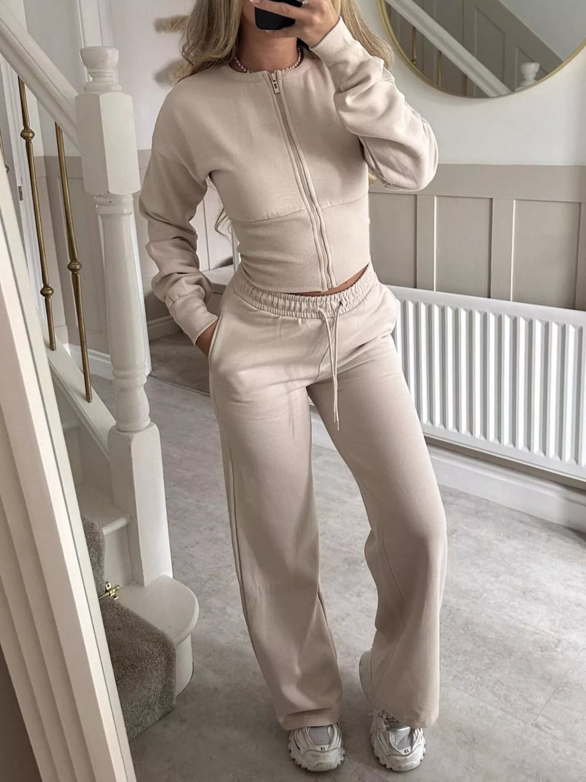 Zip-Up Crop Hoodie and High-Waisted Pants Set - Lilixa.store