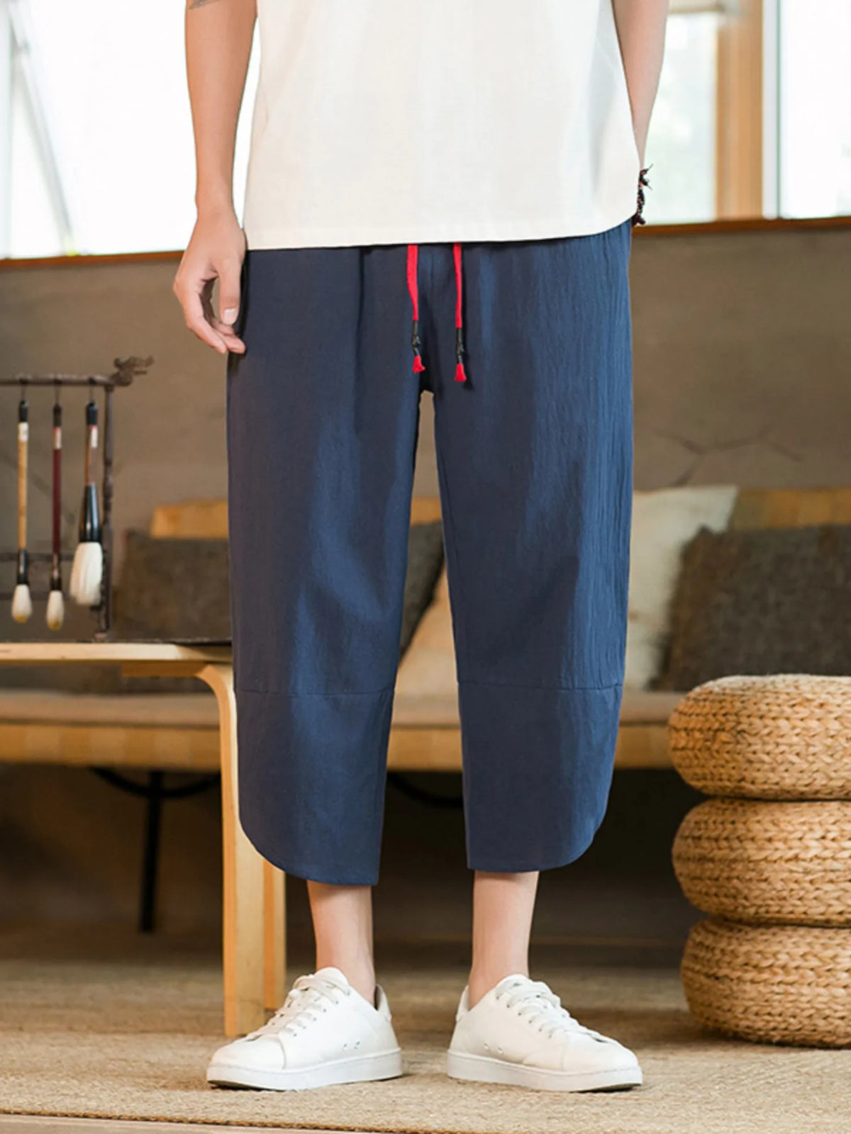 Men's Plus Size Casual Linen Cropped Pants with Drawstring in Navy Blue