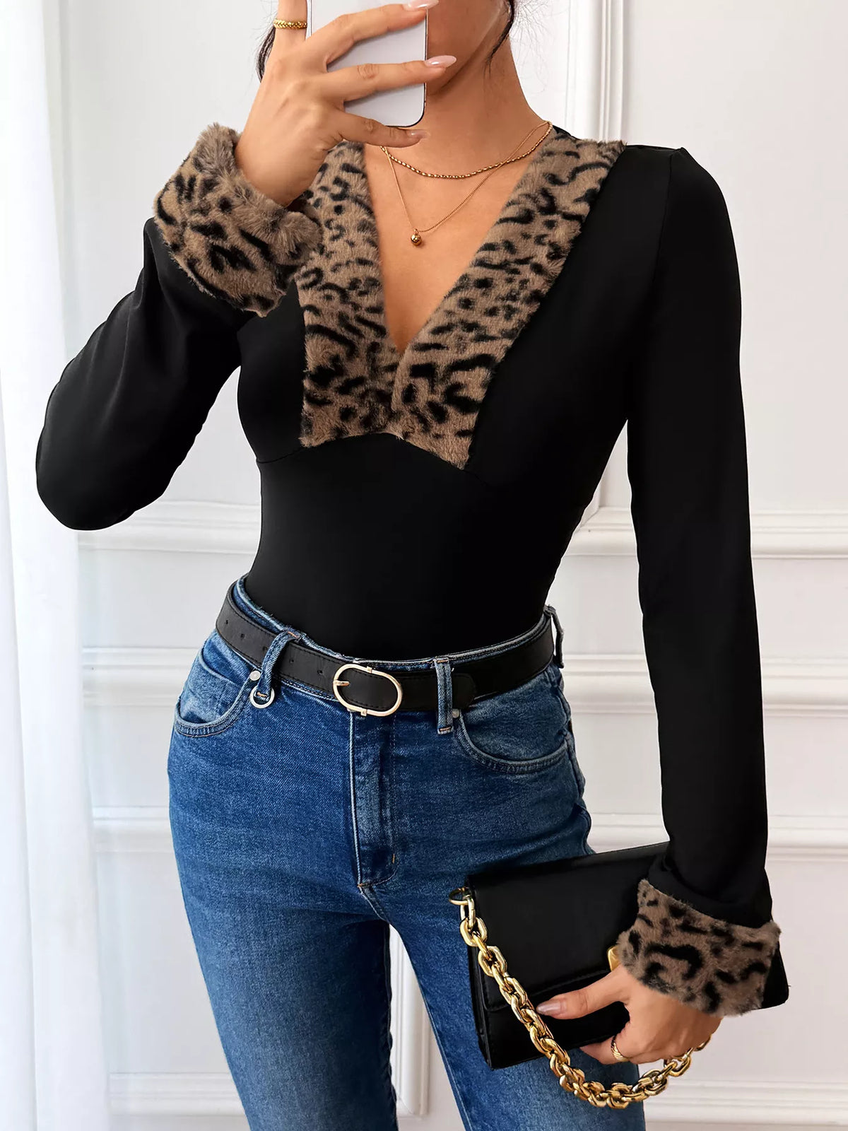 Leopard Trim V-Neck Long Sleeve Bodysuit - Lilixa.store