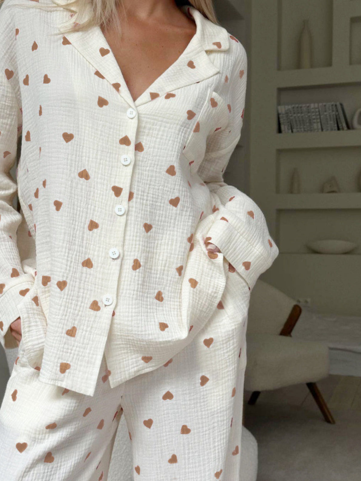 Heart Print Long Sleeve Top and Pants Lounge Set - Lilixa.store