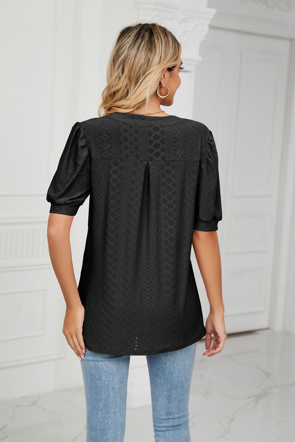 Eyelet Short Puff Sleeve Notched Neck Top, view 7