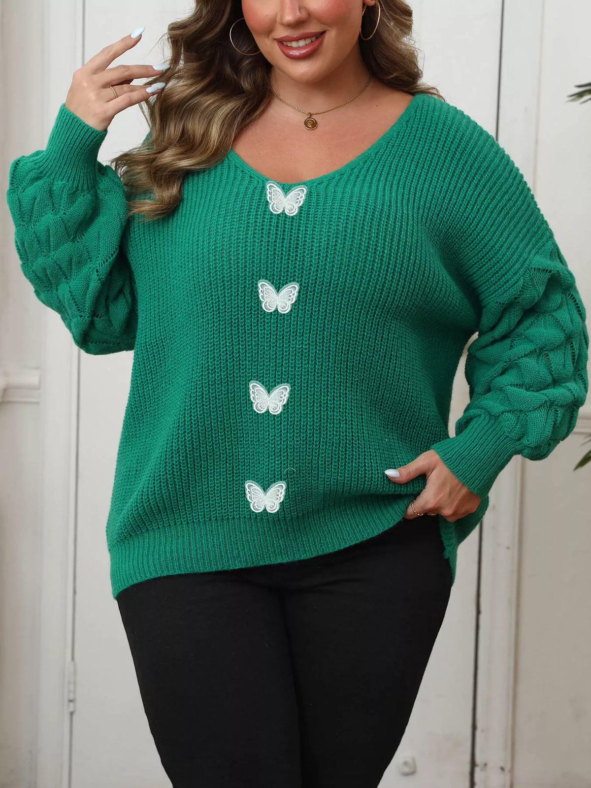 Plus Size Butterfly Dropped Shoulder Sweater - Lilixa.store