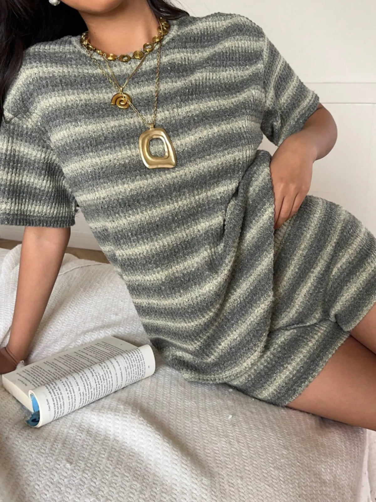 Striped Textured Knit Top and Shorts Set, view 3