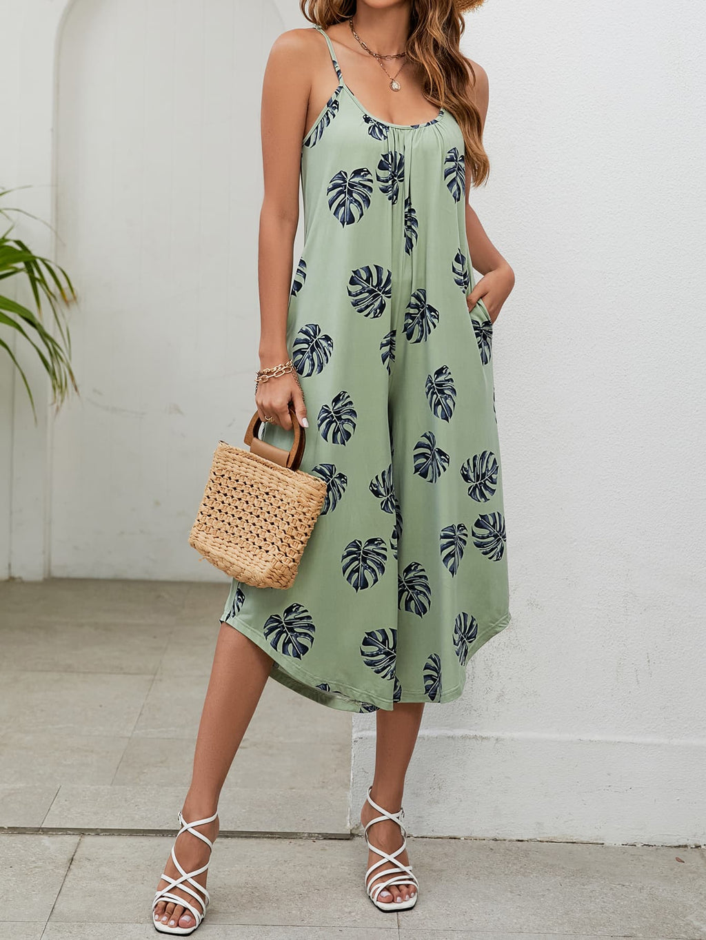 Botanical Print Spaghetti Strap Scoop Neck Jumpsuit - Lilixa.store