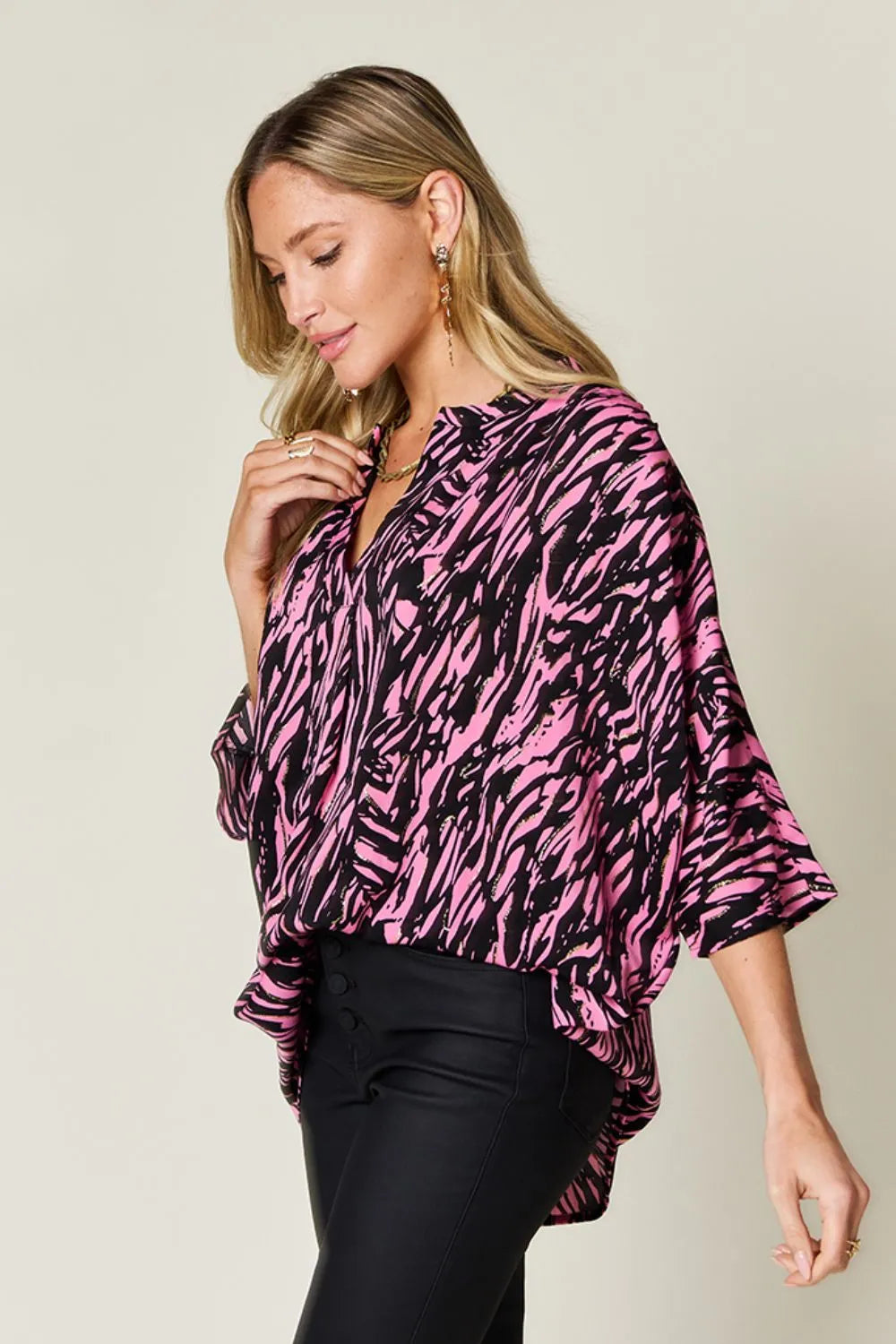 Double Take Full Size Printed Notched Three-Quarter Sleeve Blouse in Pink, view 2