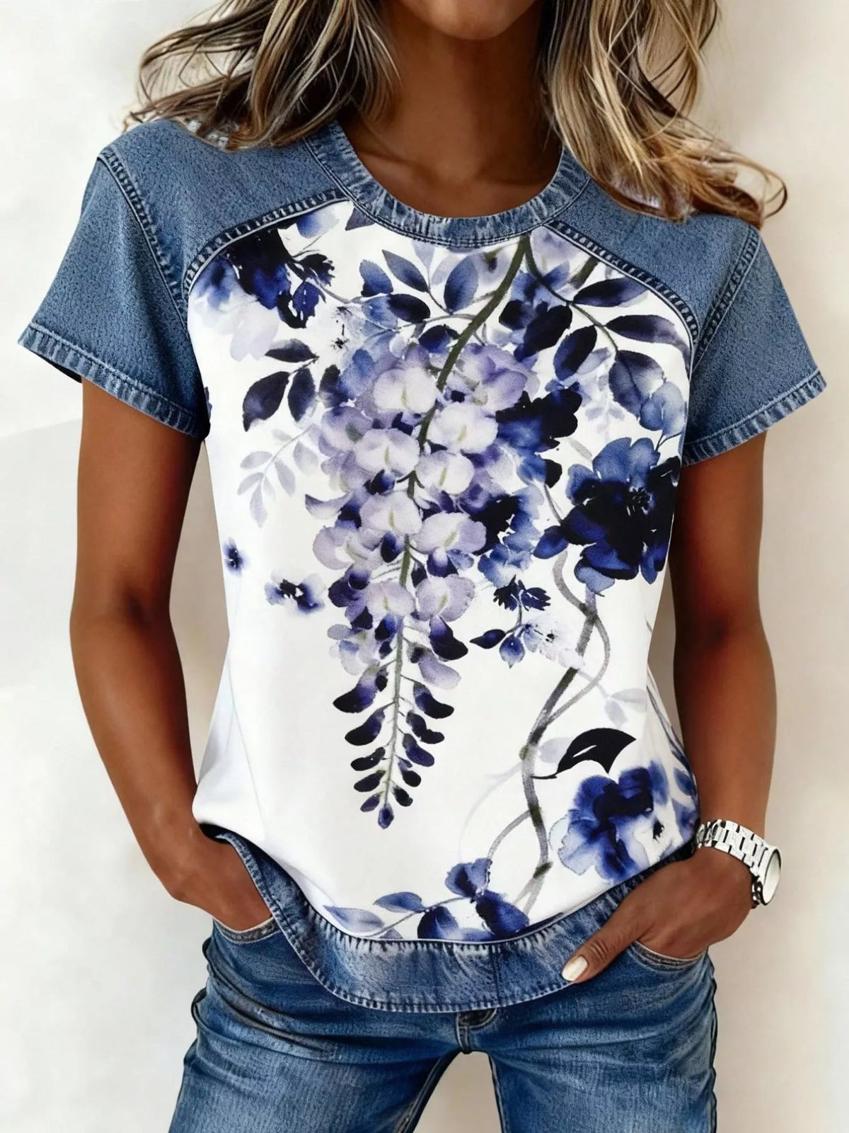 Denim Patchwork Short Sleeve Blouse - Lilixa.store