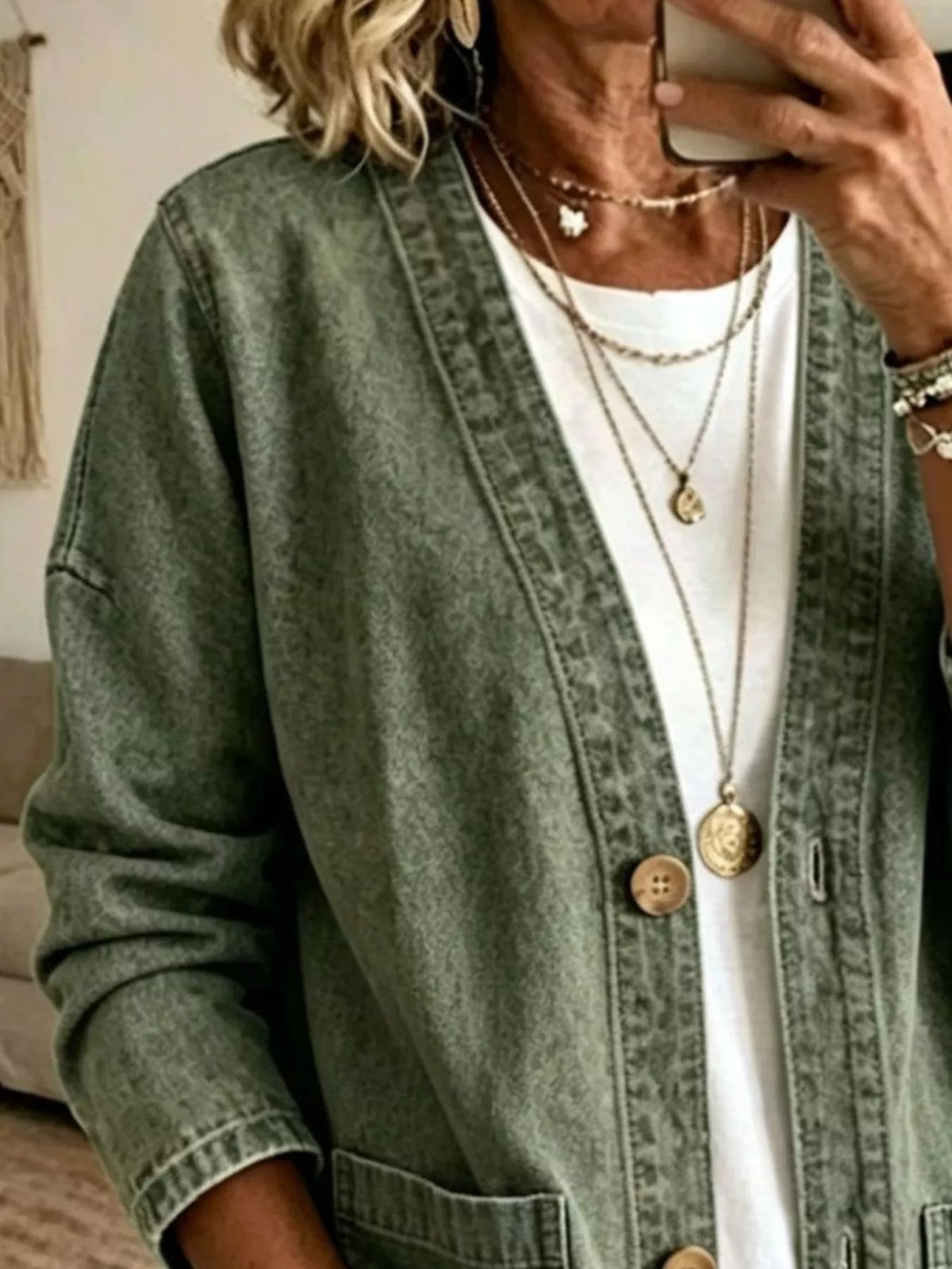 V-Neck Button-Down Denim Jacket, view 6