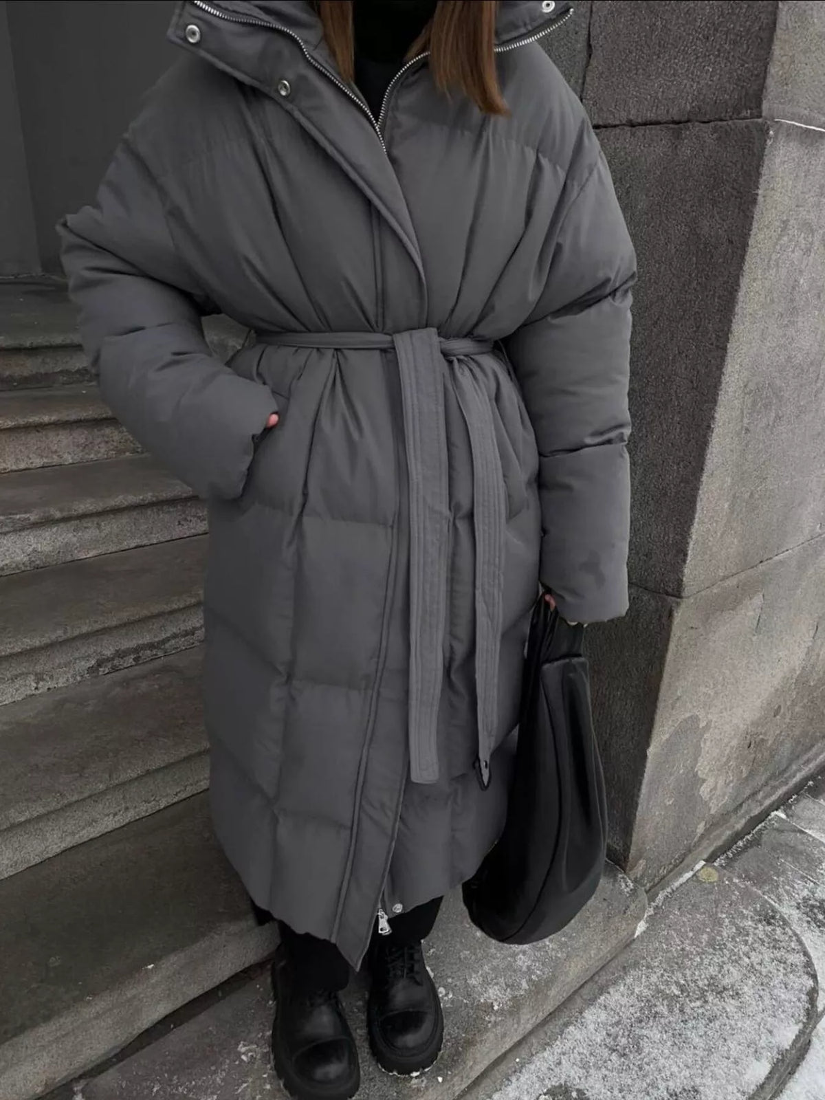 Longline Padded Winter Coat with Belted, view 15